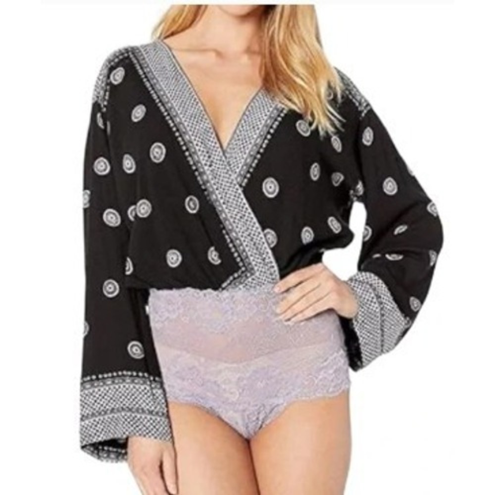 NWT Free People On Board Boho Wrap Bodysuit Size S Black Purple Long Sleeve